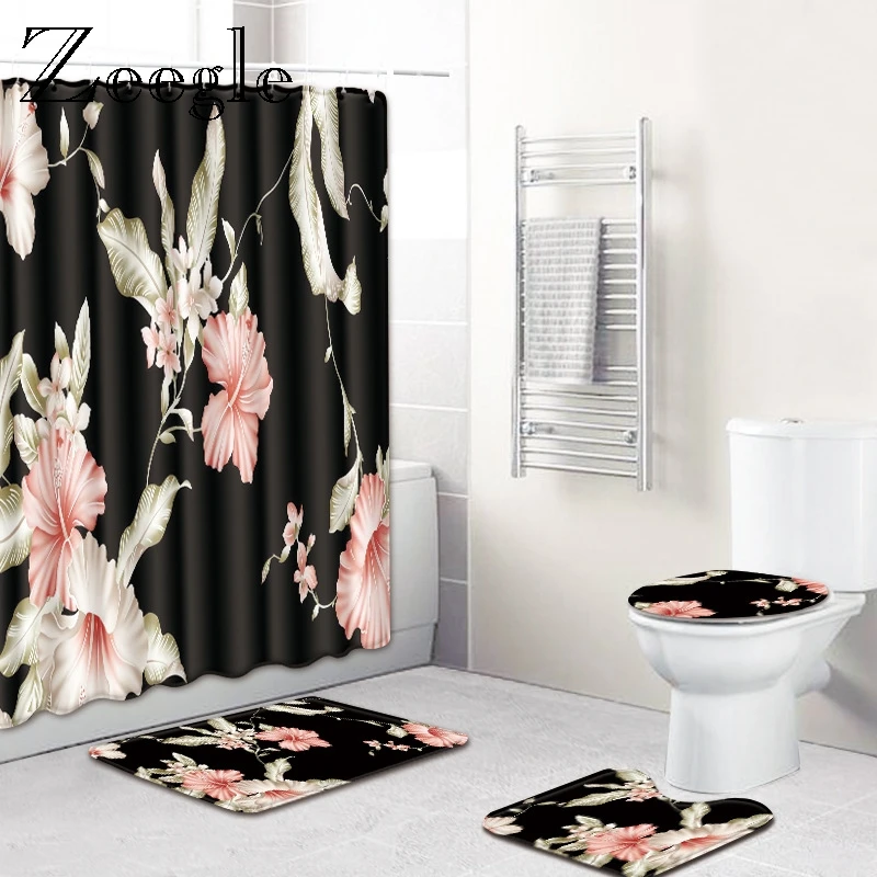 Zeegle Print Floral Bath Mat Set with Shower Curtain Bathroom Carpet Toilet Floor Rug Bathroom Bath Mat Anti-slip Mat for Toilet