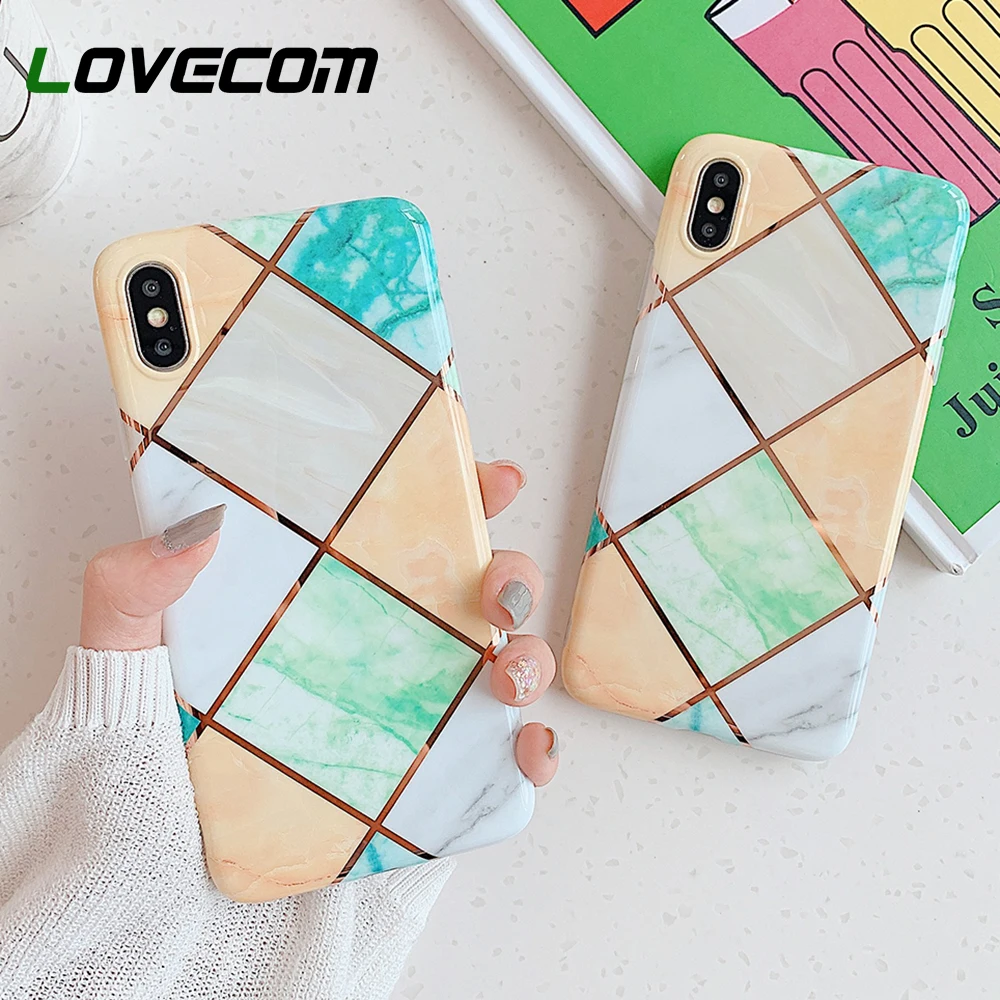 

LOVECOM Electroplating Line Marble Phone Case For iPhone 7 8 Plus XS Max XR 6 6S Hot Colorful Full Body Soft IMDPhone Back Cover
