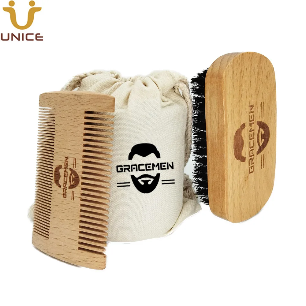 MOQ 100 Sets OEM Custom LOGO Beech Wood Beard Care Tools Set with Bag  Mustache Beards Hair Brush and Dual Sided Comb a5 double sided upright wood menu holder counter price blackboard leaflet flyer poster holder display stands with bronze clip