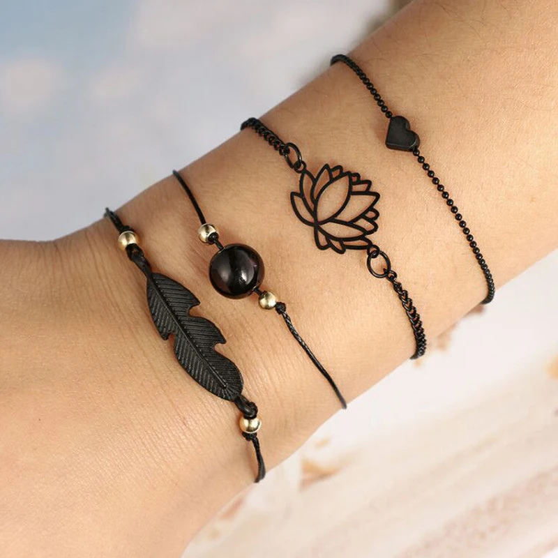 

Fashion Bohemia Leaf Knot Hand Cuff Chain Charm Bracelet Black Love Heart Openwork Lotus Ball Leaves Bracelet 4pcs/Set
