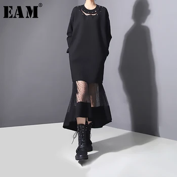 

[EAM] Women Black Hollow Out Dot Mesh Two Piece Dress New Round Neck Long Sleeve Loose Fit Fashion Spring Autumn 2020 JO26601