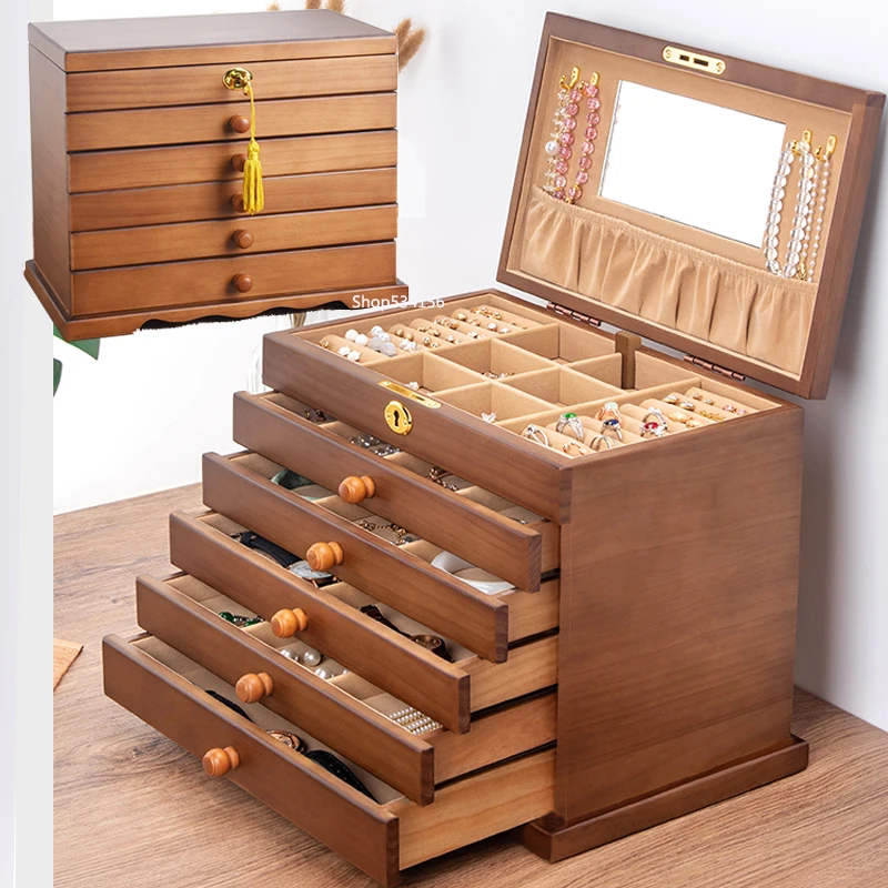 Solid-Wood-Six-Layer-Jewel-Box-Large-Capacity-With-Lock-Retro-Eardrop ...