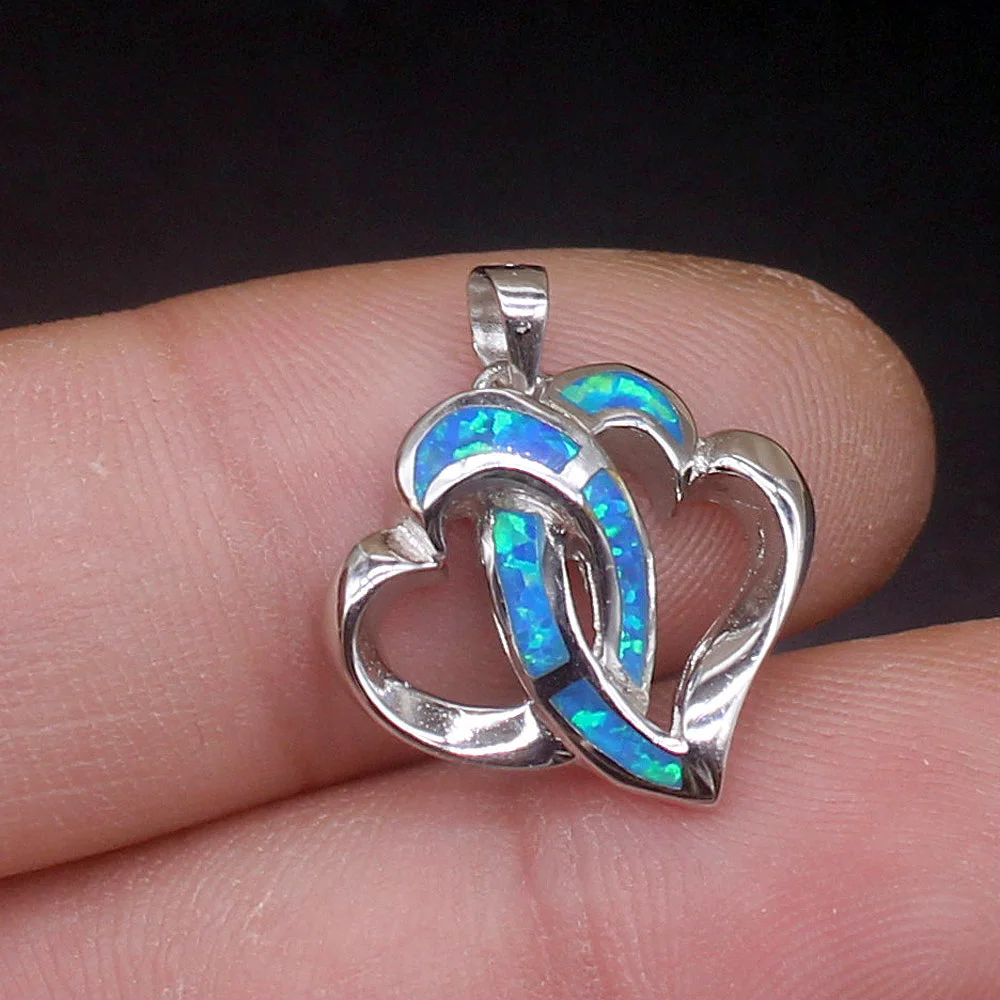 Gemstonefactory Jewelry Big Promotion 925 Silver Double Heart Shape Australian Opal Women Ladies Gifts Necklace Pendant 20214531