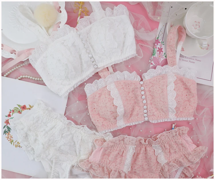 Japanese sweet soft girl lolita girl pure cotton princess curling wirefree underwear panties triangle cup bra set panty set bralette sets