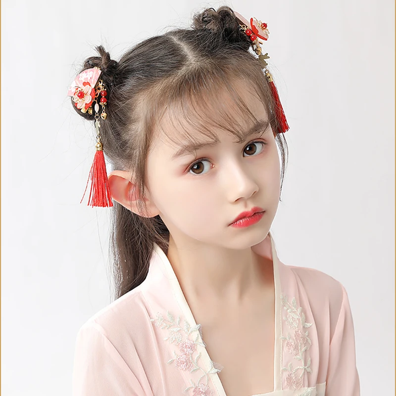 Женский головной убор Hanfu с цветами, ювелирное изделие, Детская антикварная Милая заколка с кисточками, аксессуары, заколка для девочек с цветами