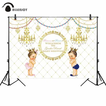 

Allenjoy Gender Reveal Party Backdrop Photophone Damask Princess Prince Bead Curtain Chandelier Background Baby Shower Photocall