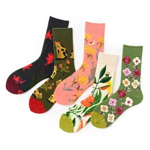 Новинка, женские хлопковые носки, креативные цветные носки с цветочным узором, дышащие носки средней длины, забавные носки хараюку skarpetki
