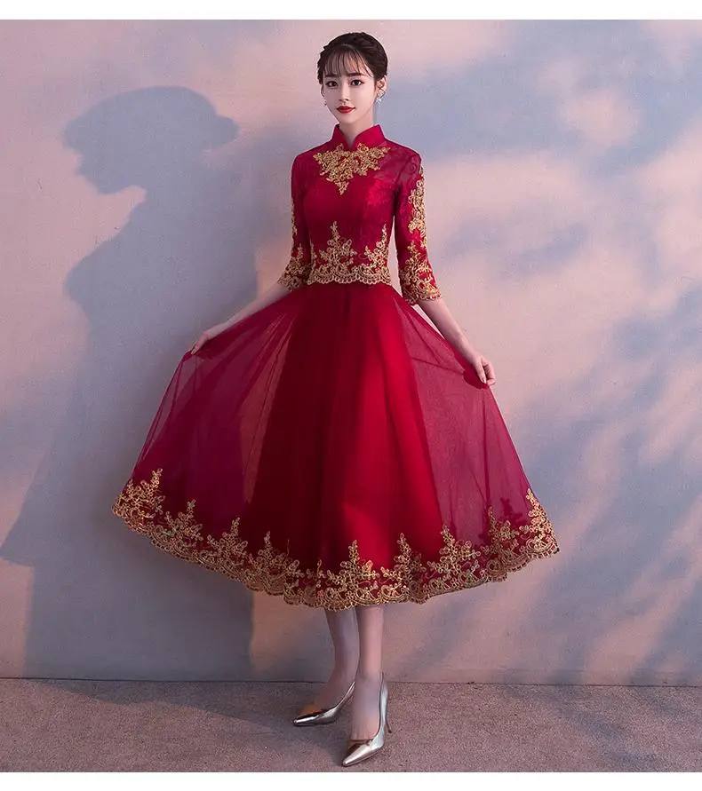Женское Сетчатое платье с воротником-стойкой Cheongsam, элегантное вечернее платье, сексуальное Бордовое платье Qipao, изысканная вышивка, халат De Soiree - Цвет: burgundy mesh