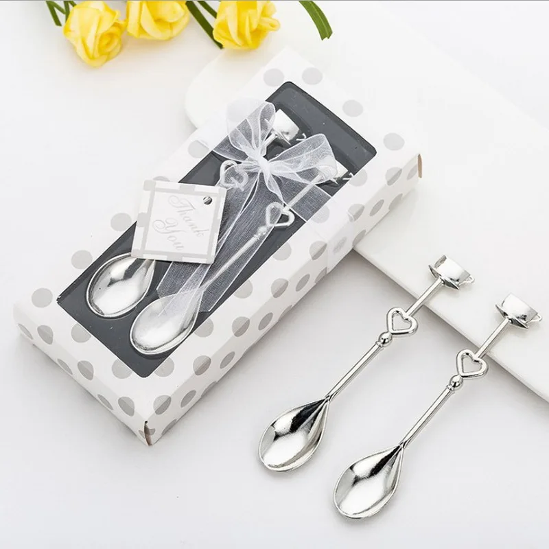 6 SETS Coffee Cup Design Stainless Steel Couple Spoons in Polka Dot Gift Box Wedding&Bridal Shower Favors