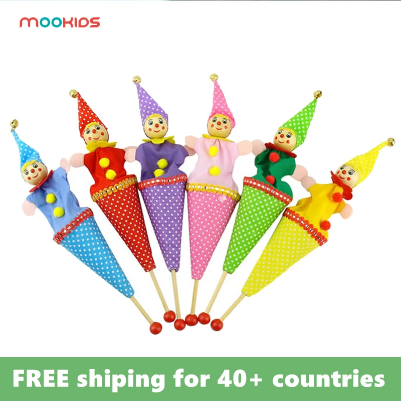 

Mookids Toys For Kids Free Shipping Cartoon Baby Plush Toys Wood Cloth Retractable Clown Smiling Face Finger Puppets Play