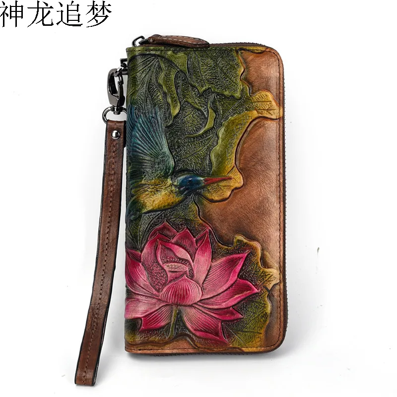 

Tree cream Genuine leather long wallet Europe and America zipper wallet retro flower pattern multi-card holder leather wallet