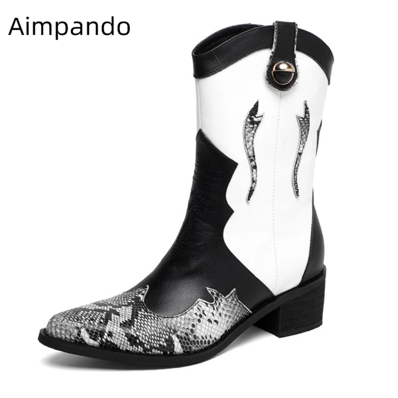

Black White Mixed Color Serpentine Short Booties Pointed Toe Square Heel Sewing Western Boots Autumn Winter Ankle Boots Women