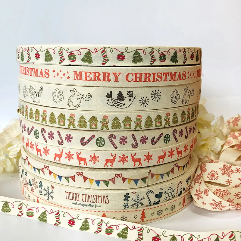 

100Yards Printed Cotton Ribbons Merry Christmas 15mm DIY Sewing Gift Wrapping Cotton Ribbon New Year Ribbon