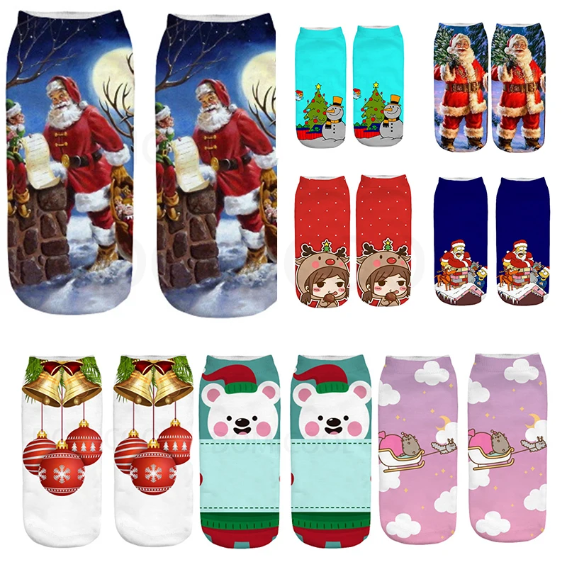 

New Winter Cotton Straight Christmas Sock Men Women 3D Printing Cartoon Reindeer Santa Claus Snowflake Short Socks Hosiery