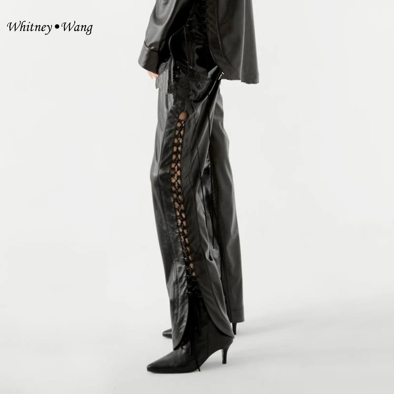 WHITNEY WANG осень зима модная уличная одежда по бокам на шнуровке PU брюки женские стильные брюки из искусственной кожи