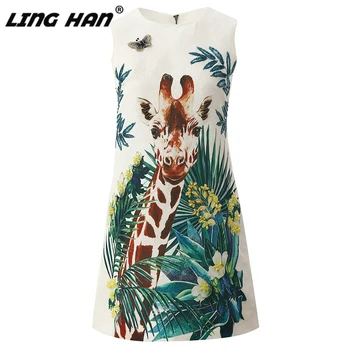 

LINGHAN 2020 Designer Summer Women Luxury Crystal Print Sleeveless Fashion Party Mini Dresses Female Elegant Holiday Robe
