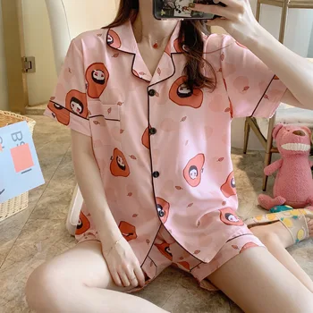 

2020 Cute Cartoom Print Pajamas Set Girls Caiyier Summer Silk Short Sleeve Sleepwear With Eye Mask Casual Women Homewear