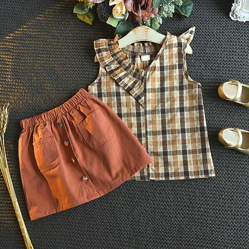

2Pcs/set Children Girls Casual Summer Fashion Sleeveless Plaid Print Vest+Skirts Suits
