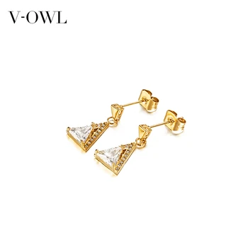 

V-Owl Vintage Gold Triangle Zircon Earrings Ear Stud Female Stainless Steel Titanium Steel Non-Allergic Ear Stud