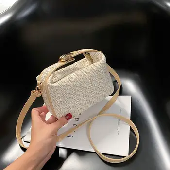 

Straw Women Shoulder Bag PU Splicing Portable Classic Texture Creative Delicate Design Chic Casual Messenger Crossbody Pouch