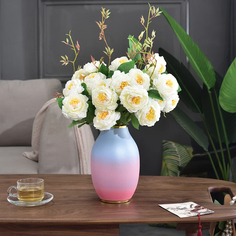 

Modern Pink Blue Ceramic Vase Simulation Flower Ornaments Home Livingroom Desktop Flower Arrangement Figurines Decoration Crafts