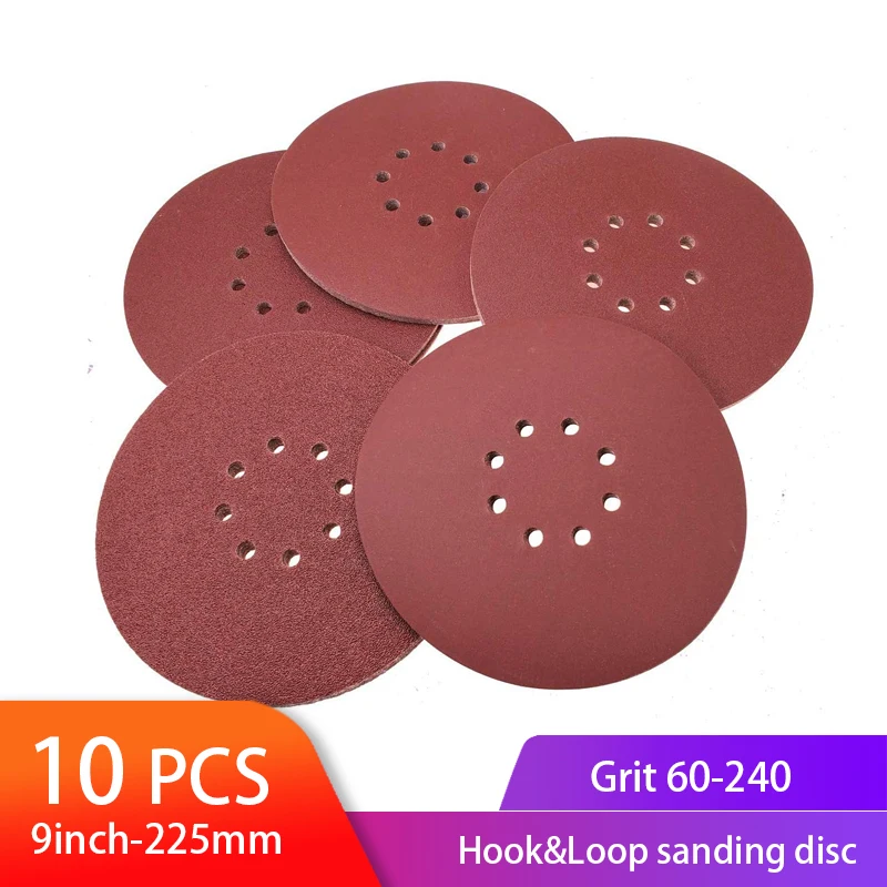 10Pcs 9inch/225mm Sanding Discs 60 Grits 10-Hole Hook and Loop Sanding Discs for Drywall Sander 