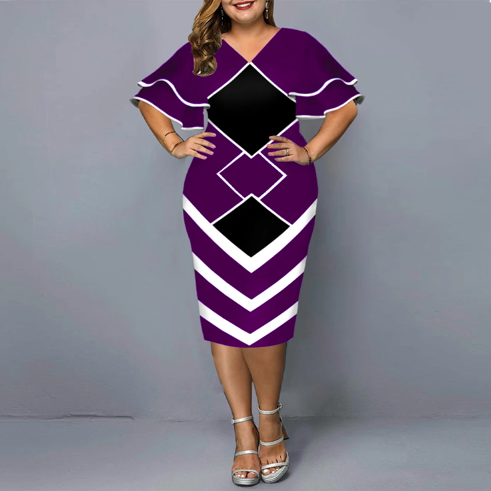 Hip Skirt Fashion V Neck Patchwork Long Sleeve Geometric Midi Dress Daily display picture 5