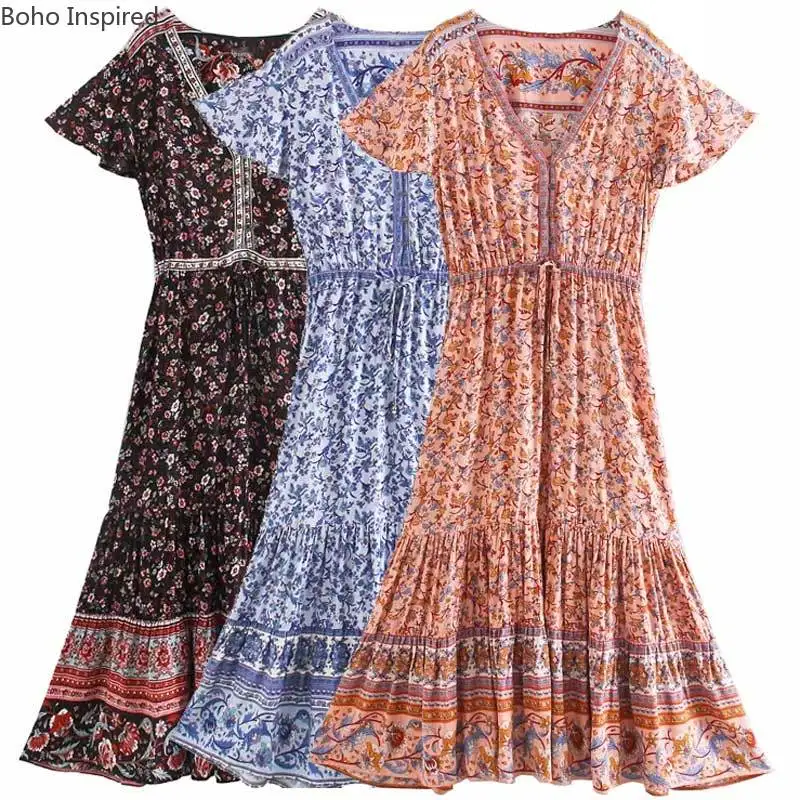 Богемный Вдохновленный цветочный принт летнее платье с расклешенными рукавами
