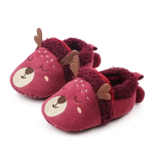 Purple Red Bear Осенне-зимняя обувь для новорожденных детей от 0 до 12 месяцев теплые Нескользящие мягкие кроссовки с рисунками животных для девочек и мальчиков обувь на плоской подошве - Цвет: Purple Red Bear