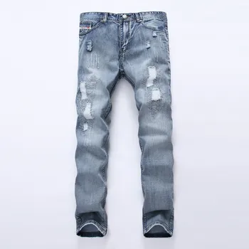 

Spring 2020 men's light blue jeans hole straight jeans wear white cultivate one's morality