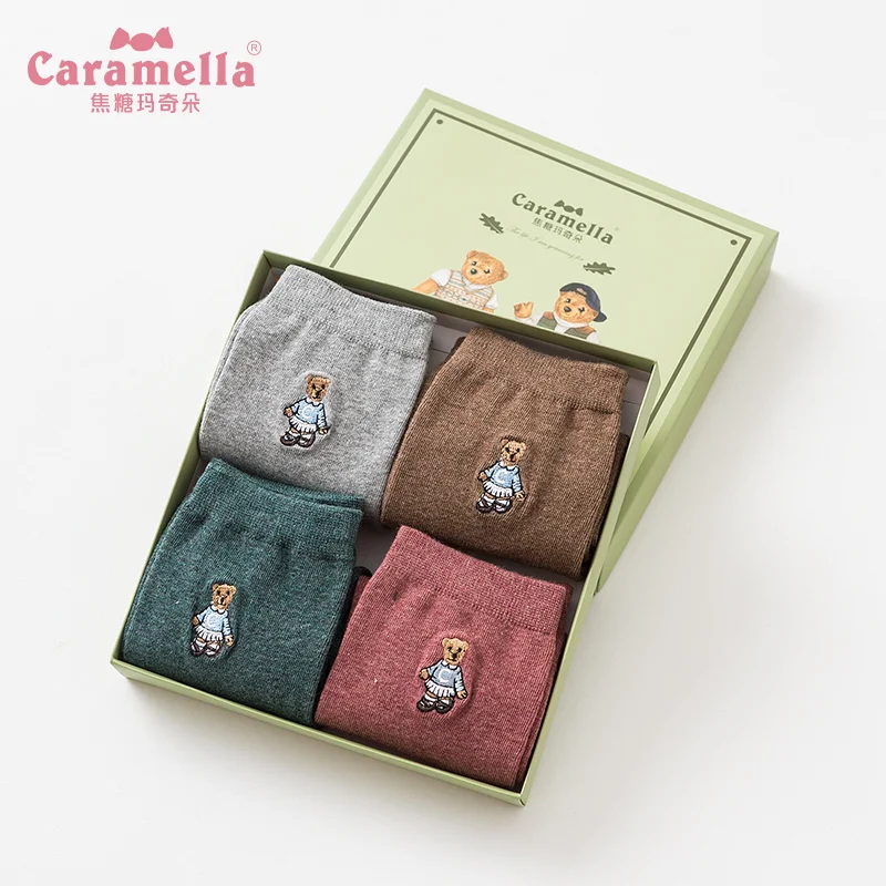 Caramella Gift Box 4Pairs Women Cartoon Cotton Long Socks Harajuku Female Cute Unisex Hipster Socks Animal Jacquard Bear Socks