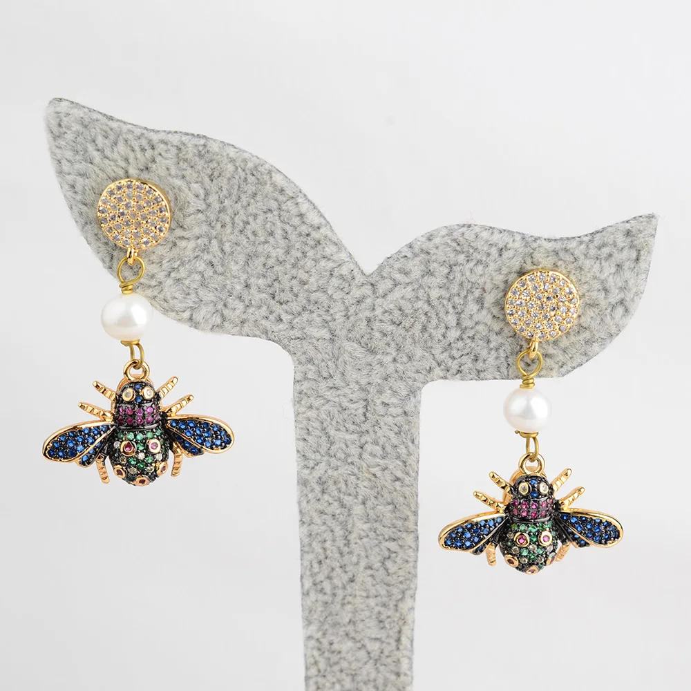White Pearl Mixed Color Insect CZ Stud Earrings