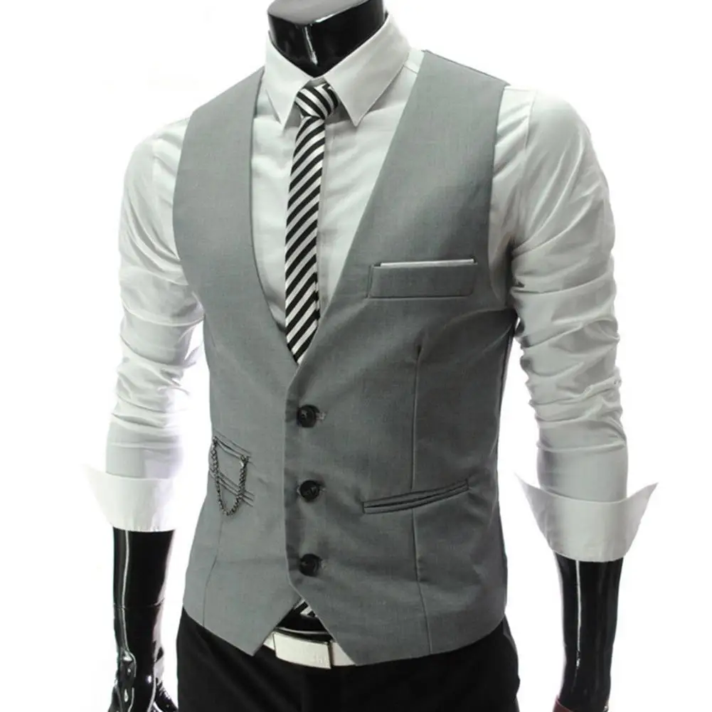 Vests Men V Neck Sleeveless Button Pocket Blazer Suit Fashion Waistcoat 3