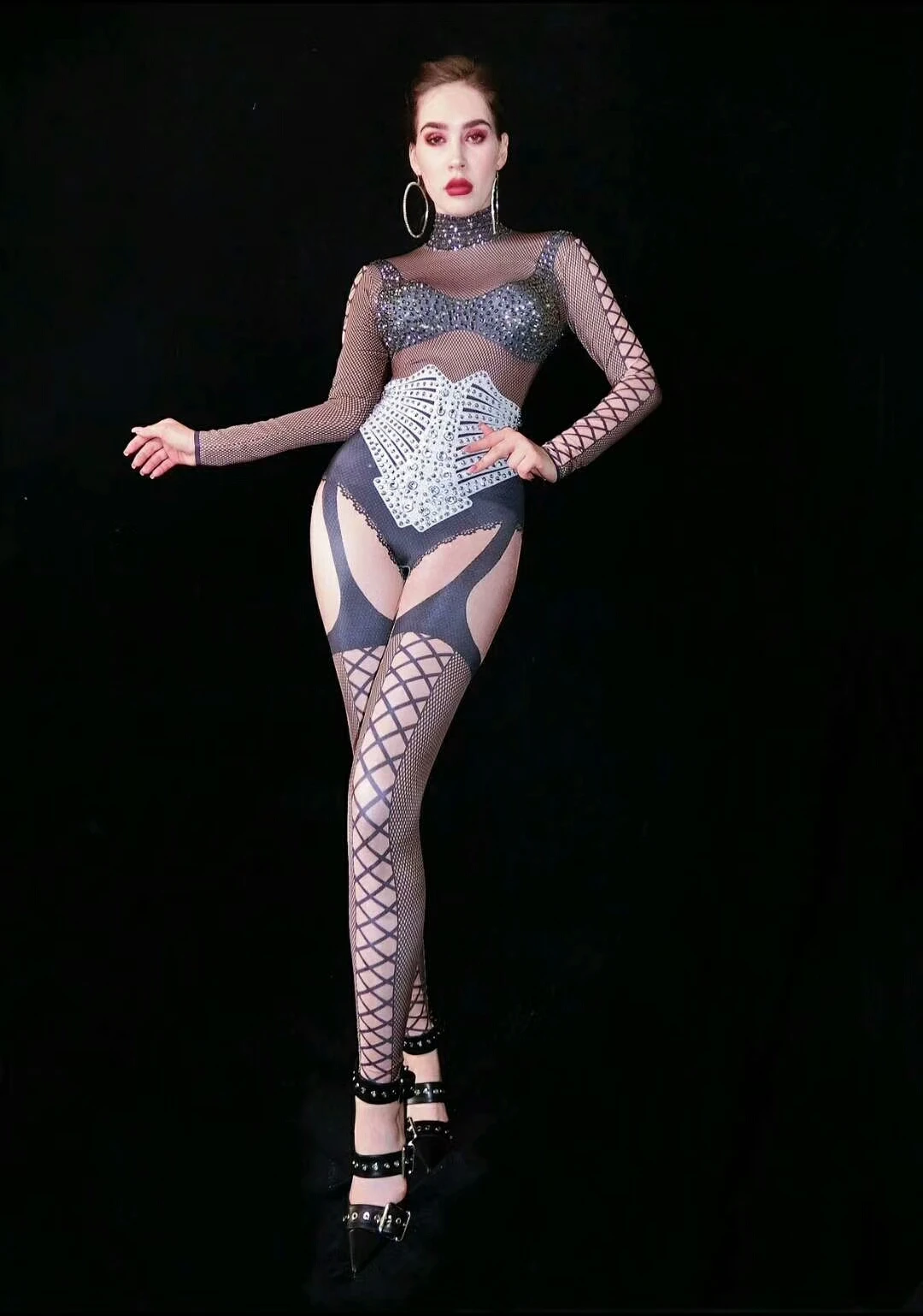 Печать Стразы Боди Леггинсы Костюм DS Певица Сценическая Одежда Mesh DJ Dance WEAR Партии Стрейч Комбинезон Экипировка