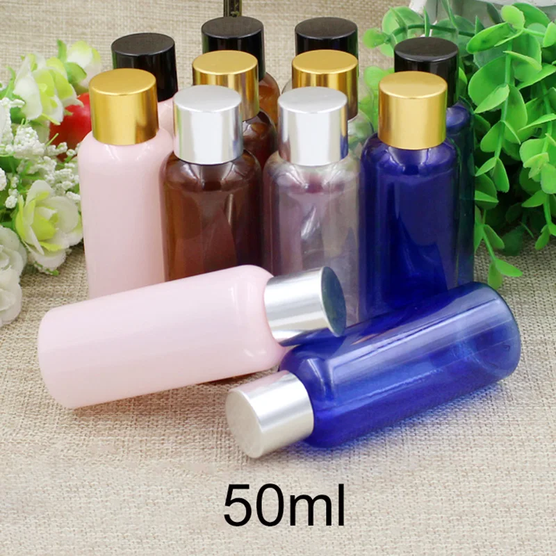 

Free Shipping 50ml Cosmetic Face Toners Plastic Bottle Pink Blue Brown Shampoo Cream Lotion Container Gilded Silver Gold Cap