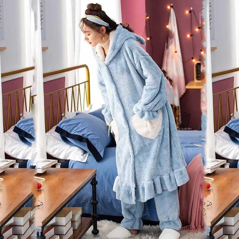 Fall Winter Women Pajamas Set Thick Flannel Warm Female Pajama Set Hooded Cartoon Animal Long Sleeve Full Trousers Sleepwear