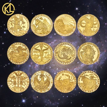 

KL 12pcs Twelve Constellations Zodiac Gold Plated Collectible Coins set Challenge Coin Creative Gift Dropshipping