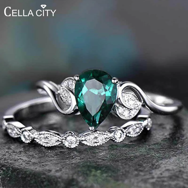 Cellacity 925 Серебряное кольцо для женщин набор двойных колец 2 шт./лот с 6*8 мм Капля воды изумруд драгоценные камни Помолвочные ювелирные изделия Cellacity 925 Серебряное кольцо для женщин набор двойных колец 2 шт./лот с 6*8 мм Капля воды изумруд драгоценные камни Помолвочные ювелирные изделия