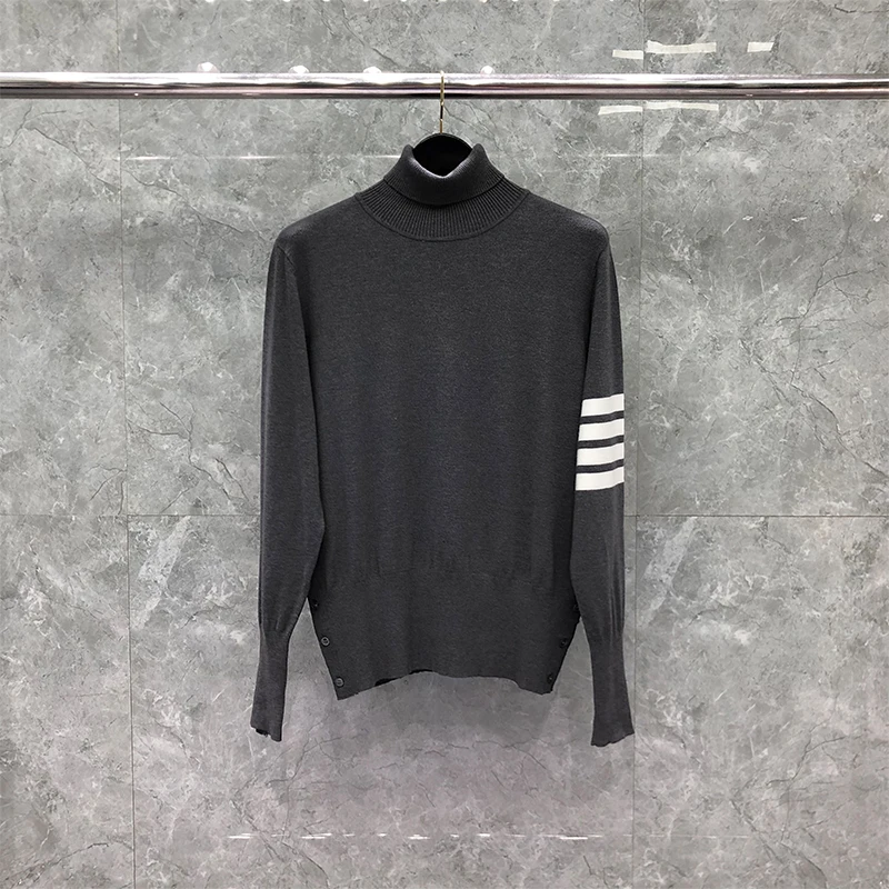 TB THOM Sweaters Male  Autunm Winter Fashion Brand Men's Clothing White 4-Bar TurtleNeck Stripe Knit Dark Gray TB Sweaters woodville bruk dark gray white