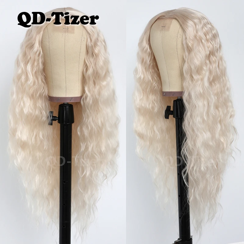 

QD-Tizer Blonde Long Curly Synthetic No Lace Wig Heat Resistant Glueless with Baby Hair Synthetic Replacement Hair Wigs