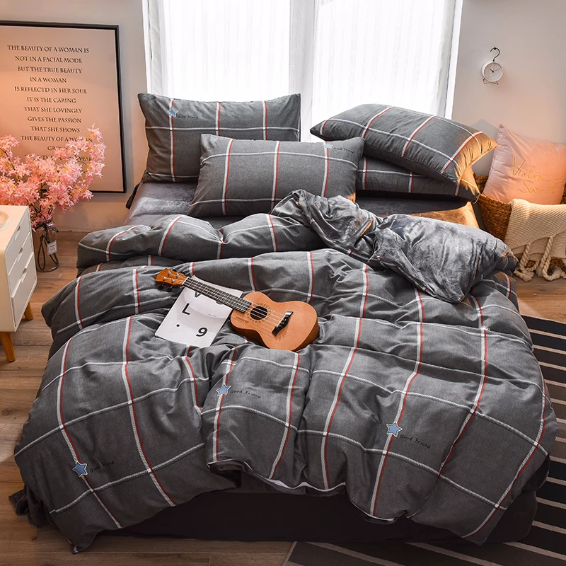 

Modern Lattice Knitted Cotton Plus Cashmere Bedding Sets Soft Smooth Warm Anti-Pilling Bedroom Double-side Duvet Cover Sets 4pcs