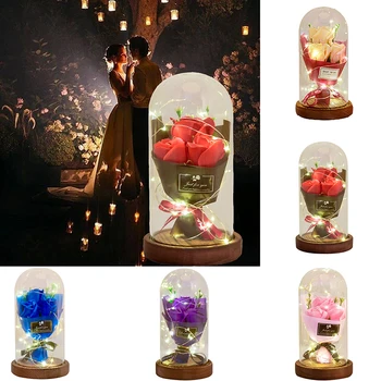 

Soap Flower Handmade Rose with LED Light In Glass Dome on Wood Base Rose for Christmas Valentine's Mother's Day
