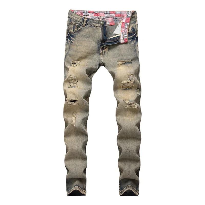 

Europe And America High Street Locomotive with Holes Jeans Washing Retro Frayed Slim Fit Skinny Pants Men Youth Retro Trousers