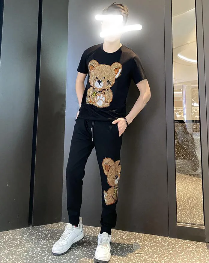 뜨거운 판매 브랜드 남자 다이아몬드 여름 남자의 라인 석 세트 남성 Streetswear Tracksuits 2 조각