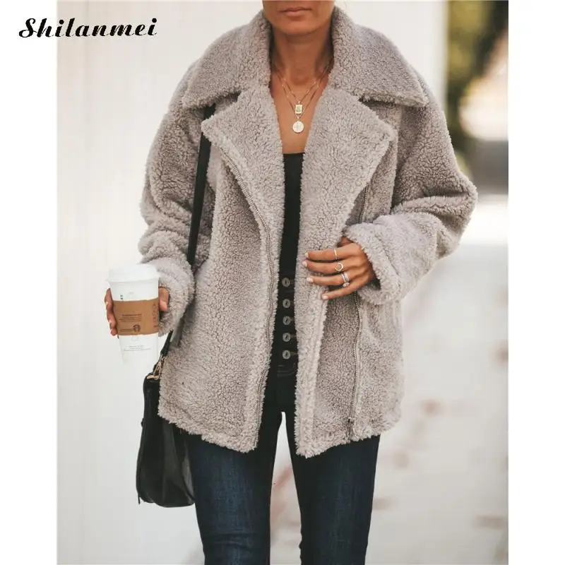 Женское флисовое пальто из искусственного меха, зимнее пальто с высоким уличным отворотом, куртка из овчины на молнии, осенне-зимняя повседневная плюшевая верхняя одежда - Цвет: light grey