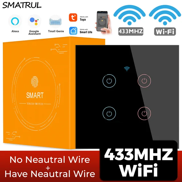 SMATRUL Tuya WiFi Touch Smart Switch Light Without Neutral Wire Glass Wall EU Two-Way Control 220V Timer For Alexa Google Home 1