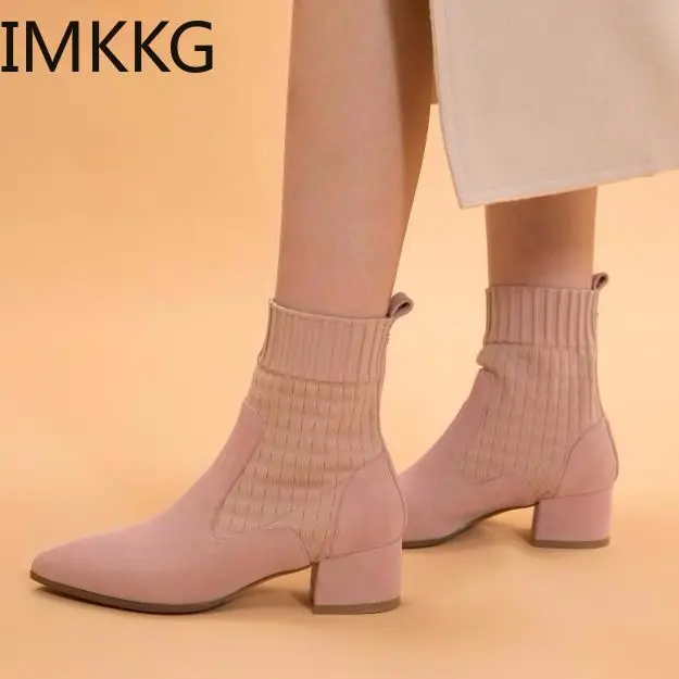 Womens Square Low Heel Ankle Boots Fashion Slip On Flock Round Toe Short Martin Booties