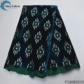 

Alisa beautiful green african velvet lace fabric 2020 high quality embroidery with stones french sequins lace fabric 5 yards/pcs
