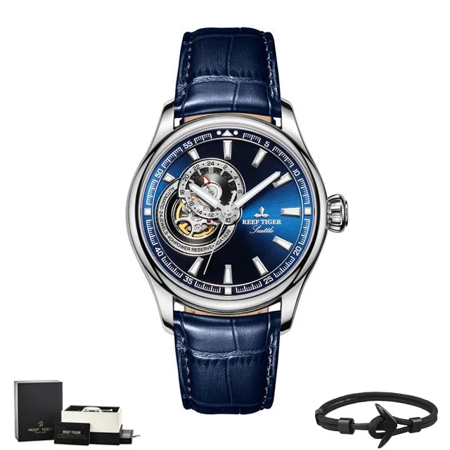 Риф Тигр бренд Tourbillon механические Роскошные автоматические часы водонепроницаемые светящиеся синие циферблат кожаные мужские часы Reloj Hombre - Цвет: RGA1639-YLL
