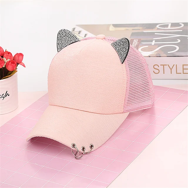 New High-Quality Fashion Butterfly Print Baby Cotton Baseball Cap With Brick Mosaic Ladies Beautiful Girl Hip-hop Mesh Hats Cat ears Pink - Net